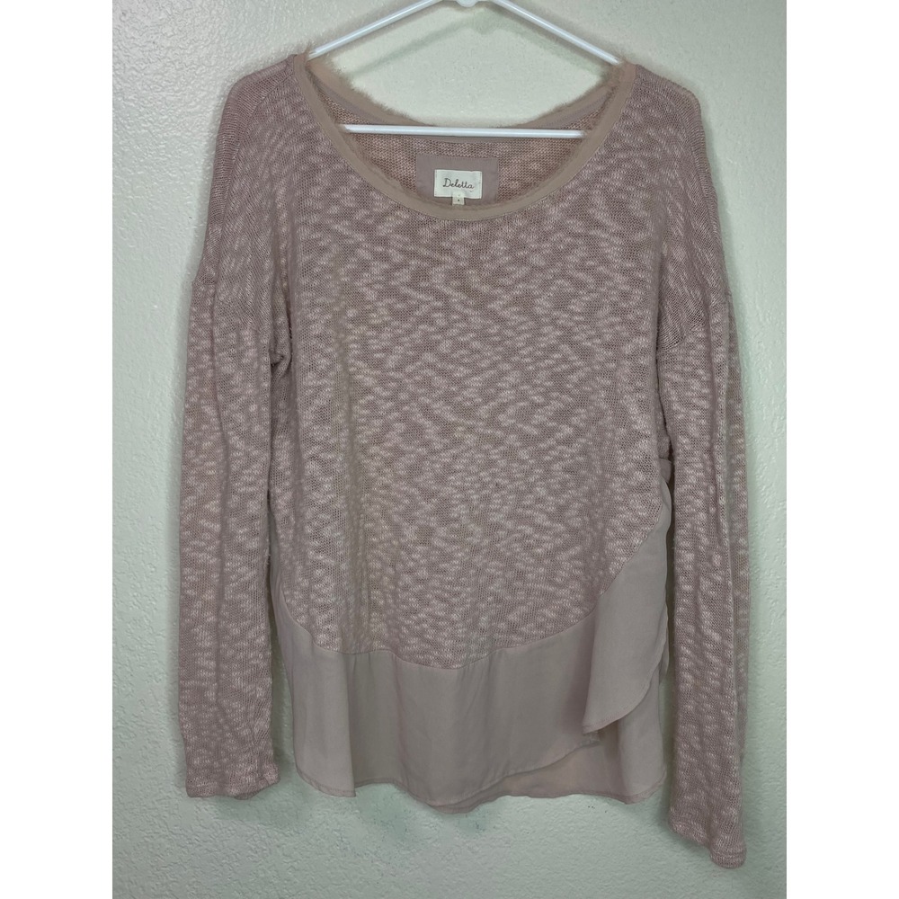 Deletta Anthropologie Pink Mixed Media Chiffon Hem Knit Sweater Top Size M - Picture 1 of 8